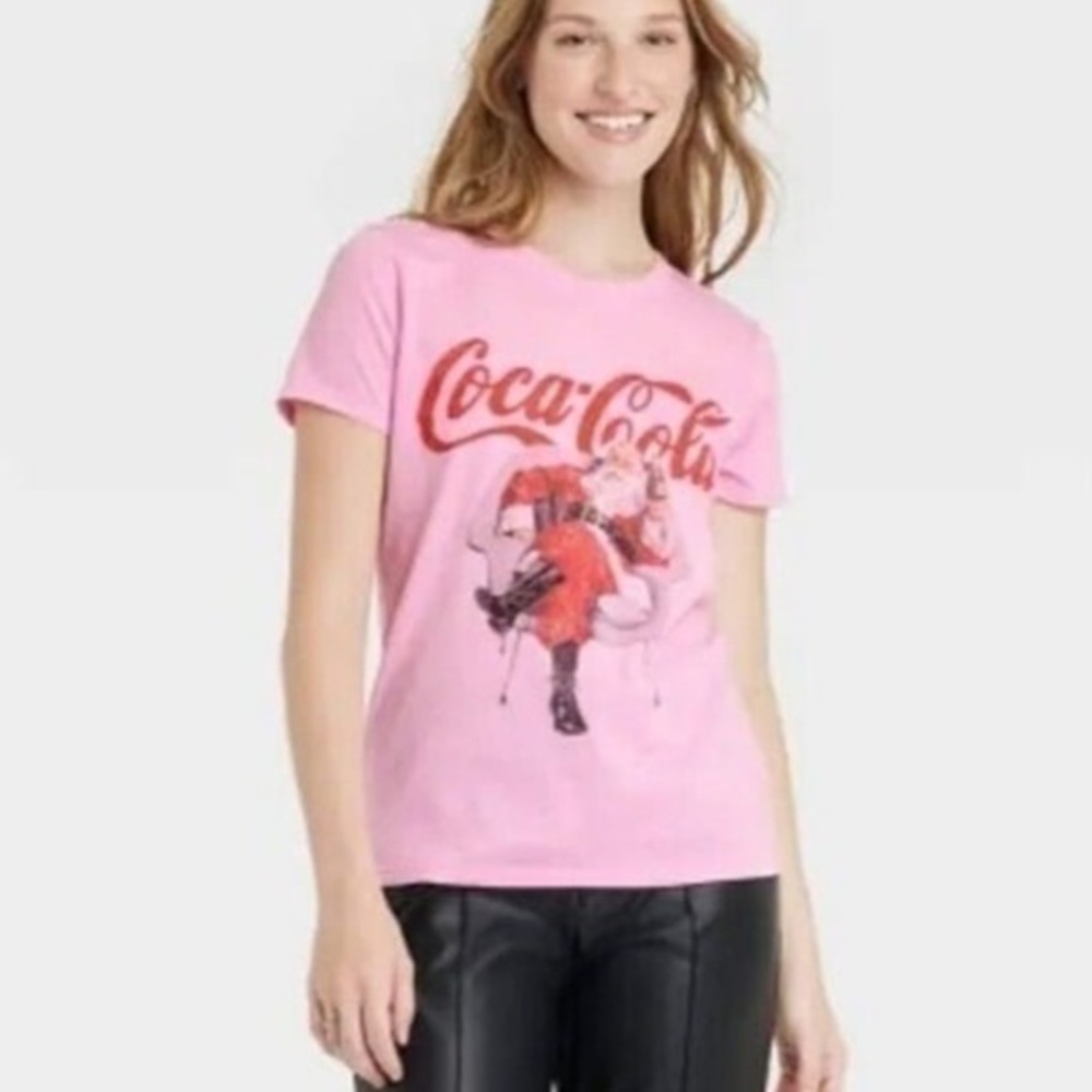 Coca-Cola Womens Pink Coke Santa Christmas Holiday T-Shirt Tee Shirt Small
